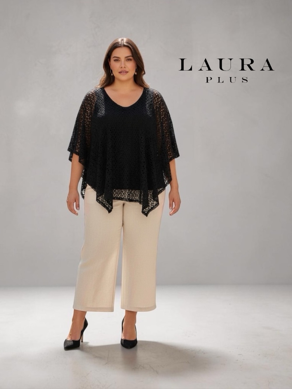 Laura Plus Black Crochet Overlay Poncho Top 2X Plus Size, Stretch Layered Blouse